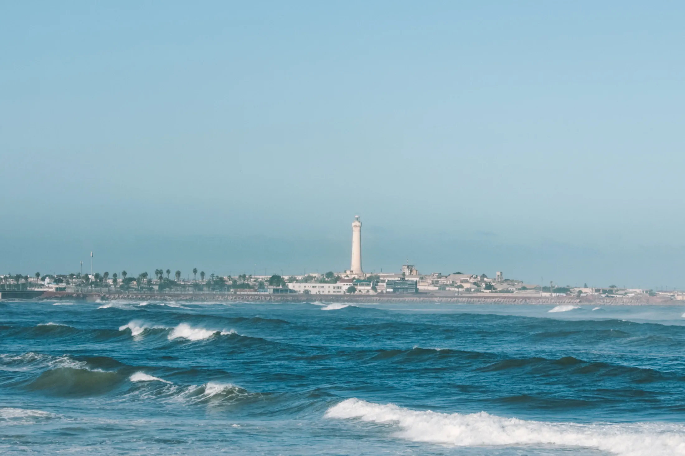 Atlantic Ocean view of the lighthouse in Casablanca, Morocco.