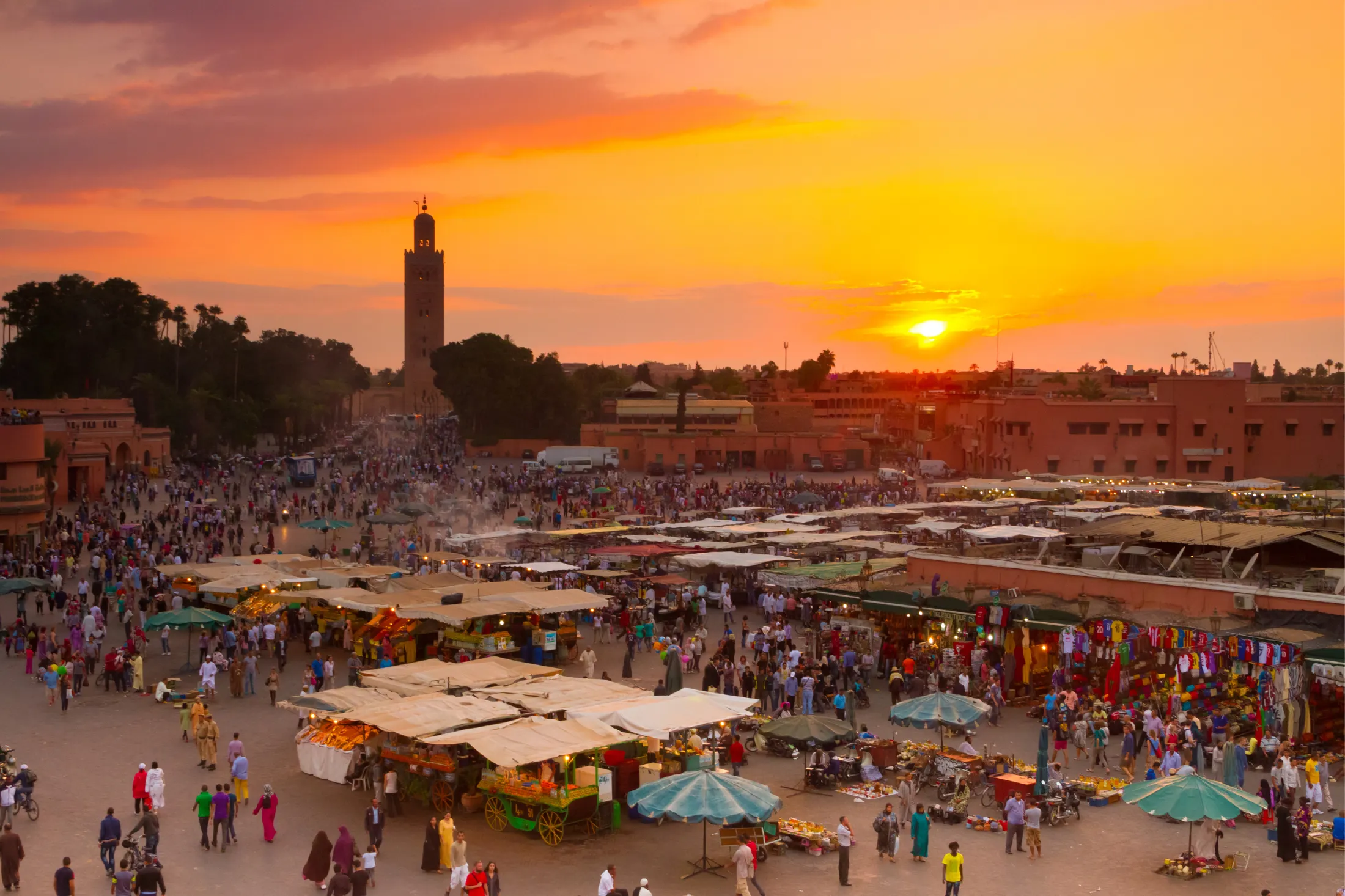 A bustling market in Marrakesh, Morocco.