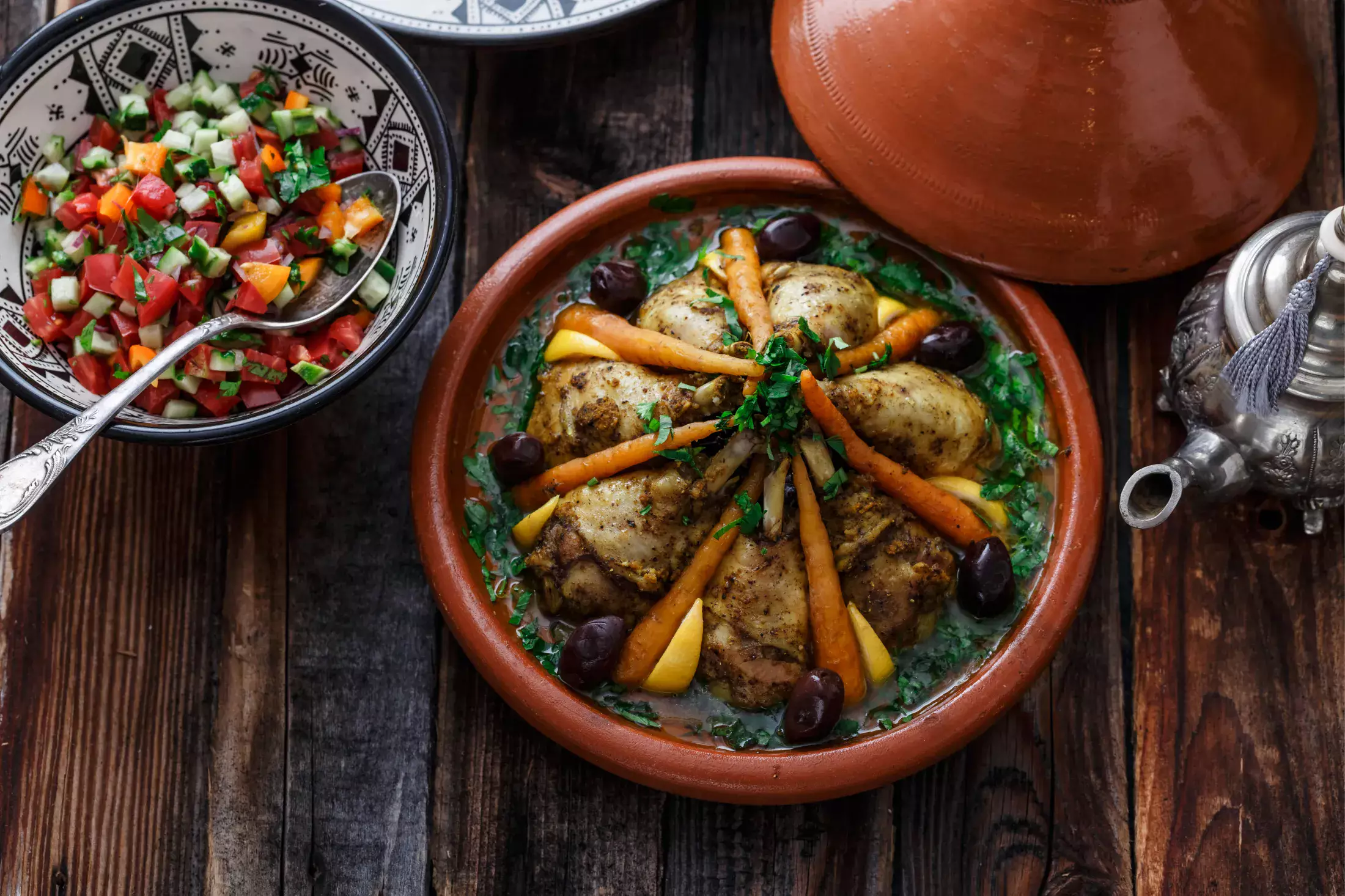 Chicken tajine with couscous, moroccan food